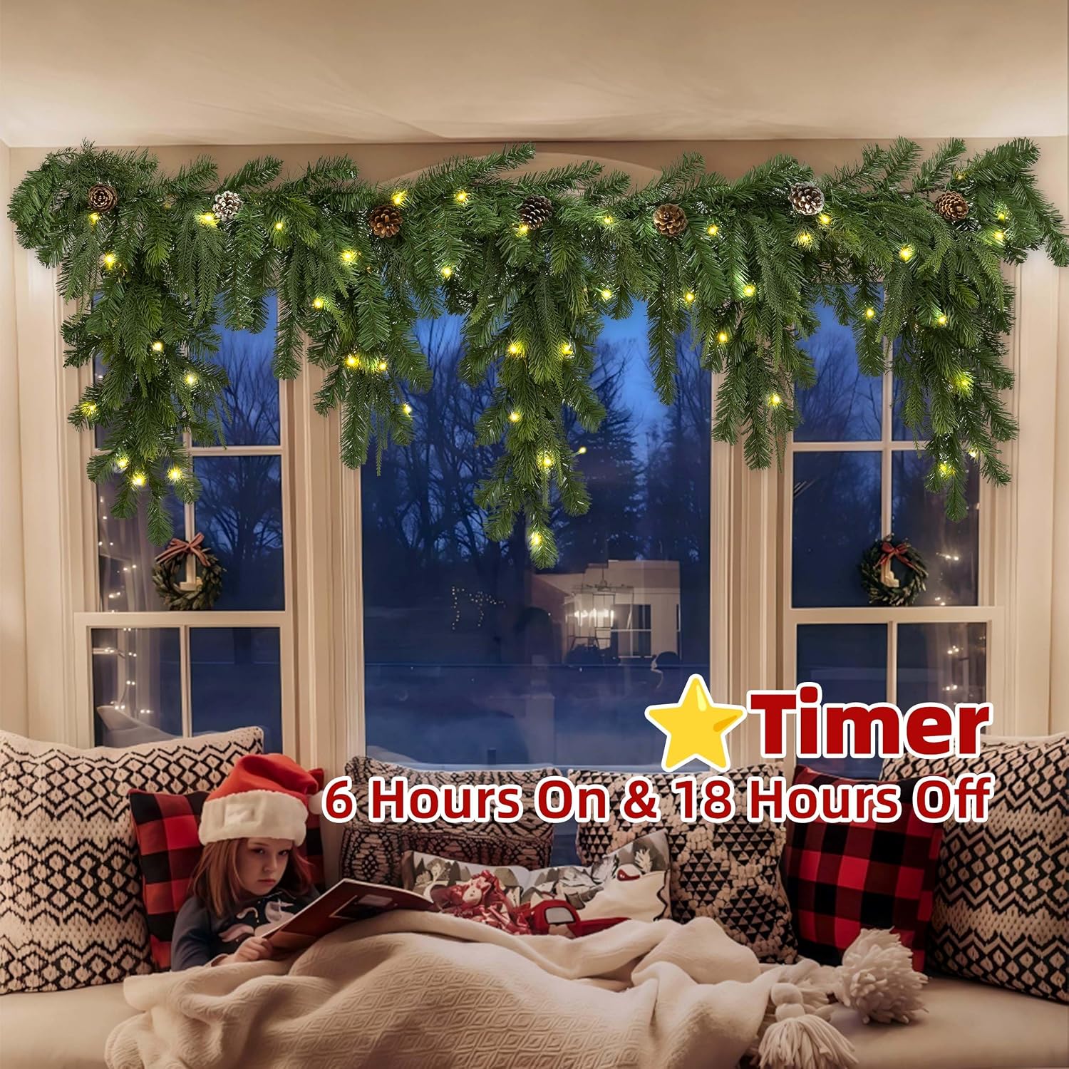 6Ft Cascading Prelit Christmas Garland for Mantel, Thick Green Light-up Garland Decorated with 80 LEDs & Pine Cones for Fireplace, Stair Railing Decor, Battery Operated