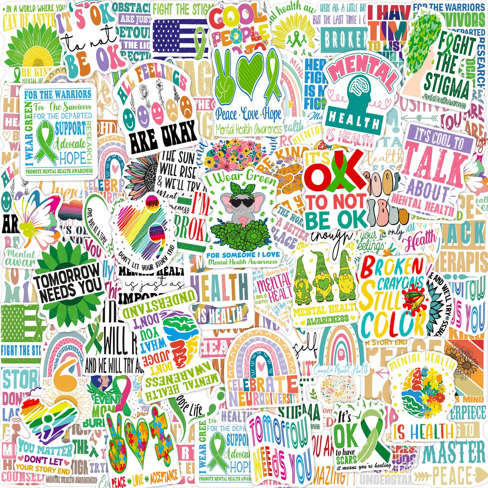 Mental Health Awareness Stickers Psychology Gifts Mental Health Self Adhesive Decals for Water Bottles Laptop Scrapbook Journals Decor Kids Adults Therapist Supplies 100Pcs