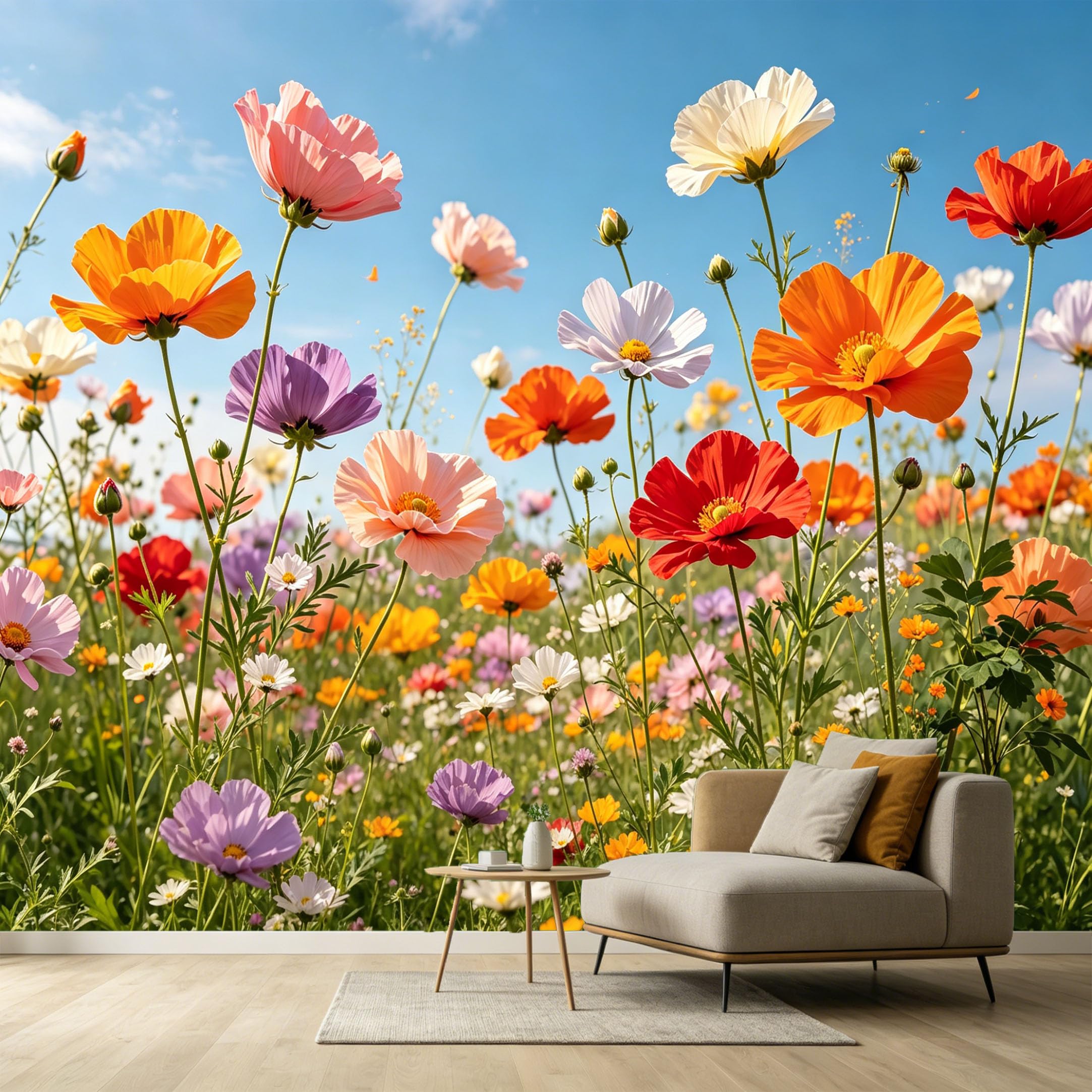 Custom Size Wall Murals Colorful Botanical Wildflower Meadow Watercolor Sky SelfAdhesive Wall Fabric Removable Large Wallpaper for Photo Living Room