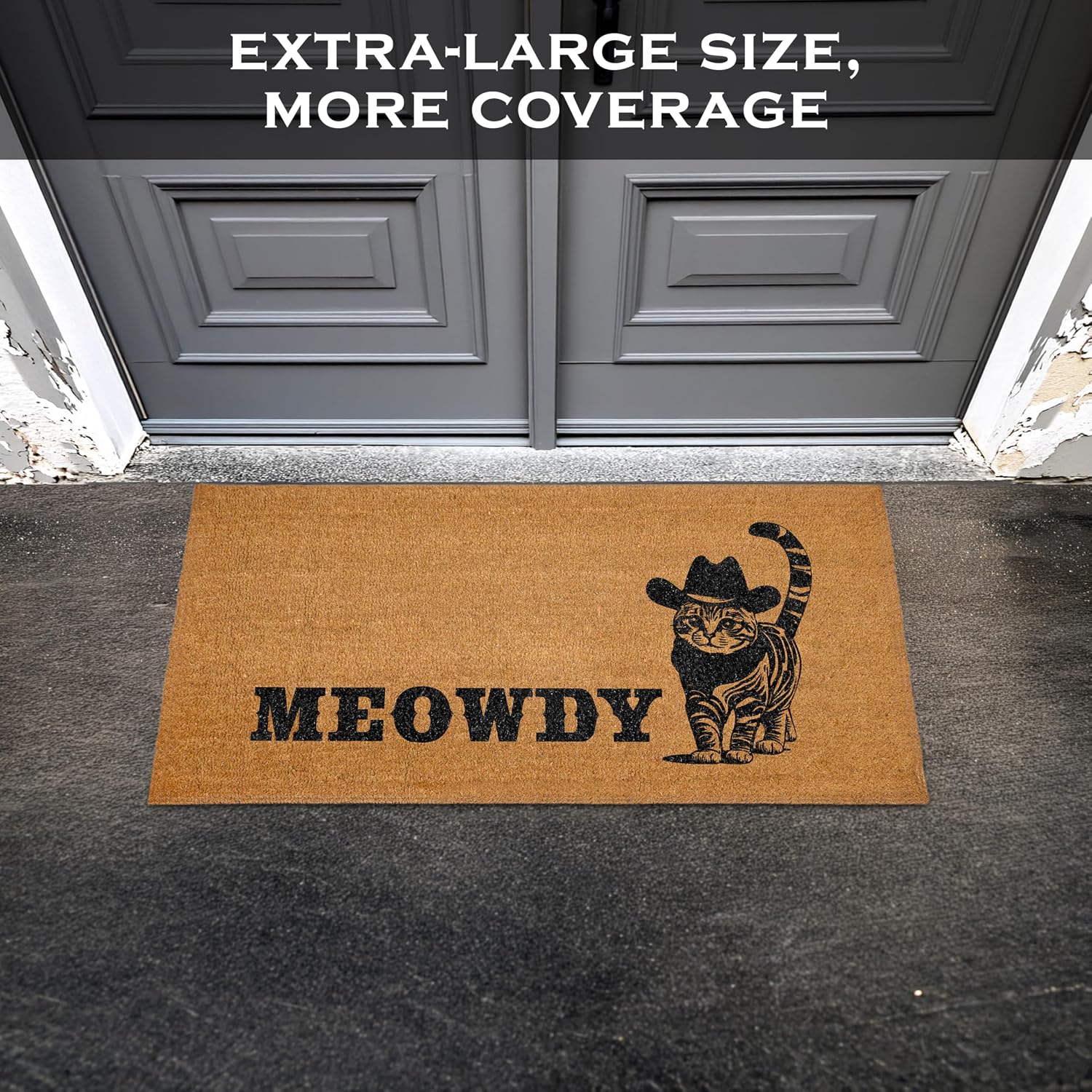 MAINEVENT Meowdy Long Door Mat 48x24 Inch, Oversized Cat Welcome Mat for Double Door Covered Outdoor Entrance with Non-Slip PVC Backing