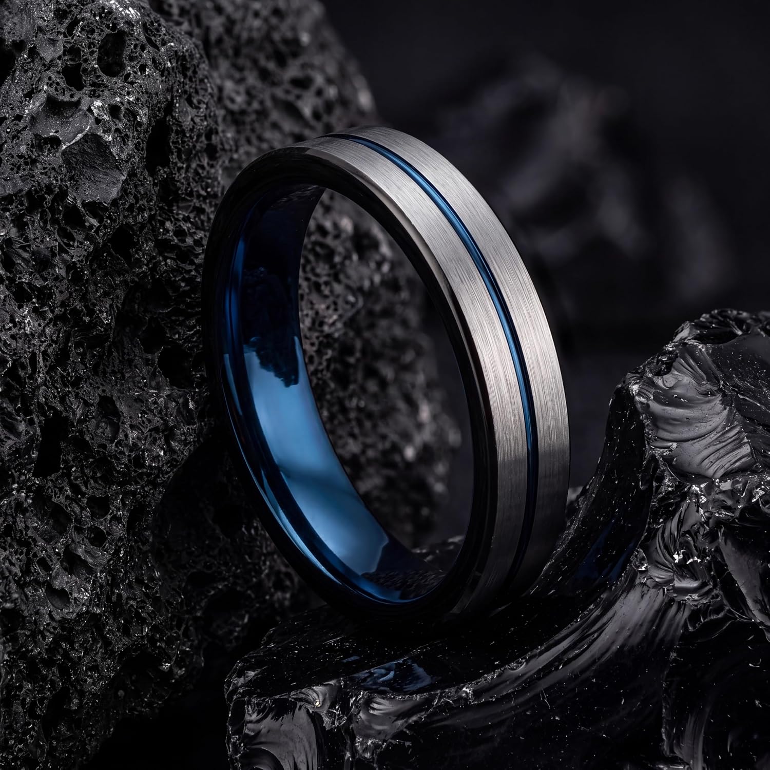 Tungsten Carbide Wedding Band Ring 8mm 6mm 4mm for Men Women Blue Blue Black Center Line Flat Cut Black Brushed Polished Personalized Custom Engraving Anniversary Engagement