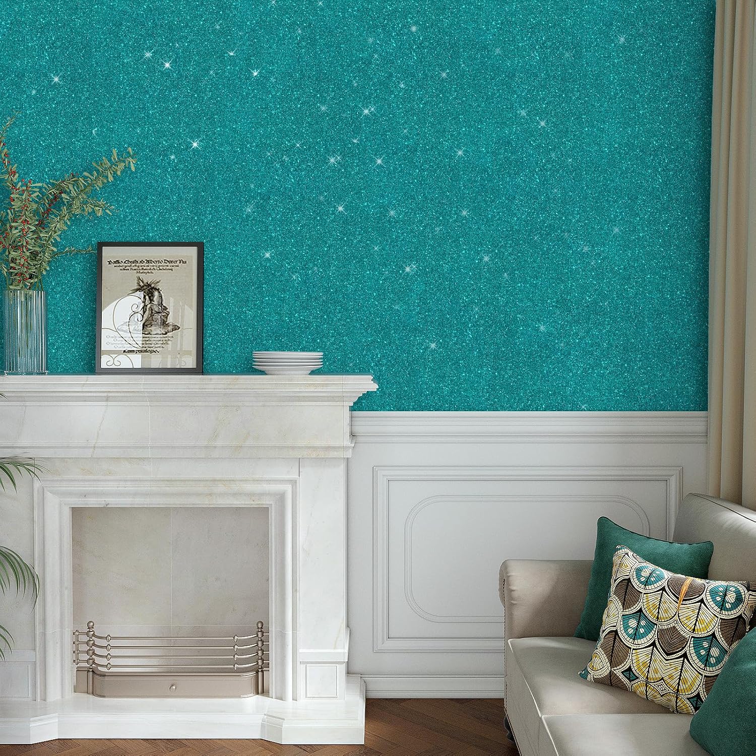 VaryPaper 15.7"x315" Teal Glitter Peel and Stick Wallpaper Decorative Sparkle Teal Contact Paper for Cabinets Walls Self Adhesive Vinyl Wrap Removable Glitter Wall Paper for Bedroom Bathroom Nursery