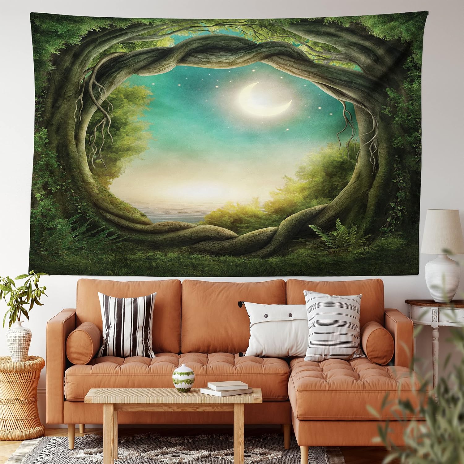 Ambesonne Forest Tapestry, Curly Branches Trees in Enchanted Forest Full Moon in Night Sky Illustration, Wall Hanging for Bedroom Living Room Dorm Decor, 40" X 60", Cream Green Teal