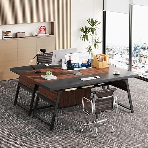 Miniatura 5 de Escritorio de oficina ejecutivo de 63 pulgadas, mesa grande para computadora con marco de metal y estante de almacenamiento, estación de trabajo de