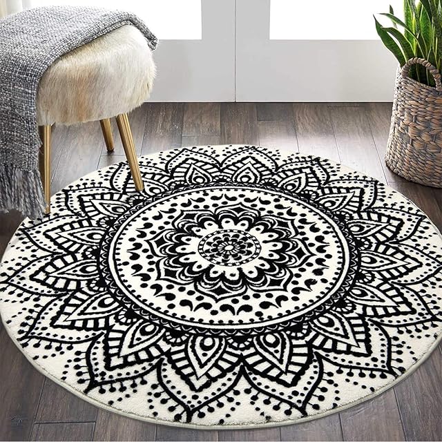 Pauwer Round Area Rug 120 cm Shaggy Ultra Soft Carpet Rug Luxury Non Slip Washable Living Room Rug Floor Bedside Carpet Rug,Black