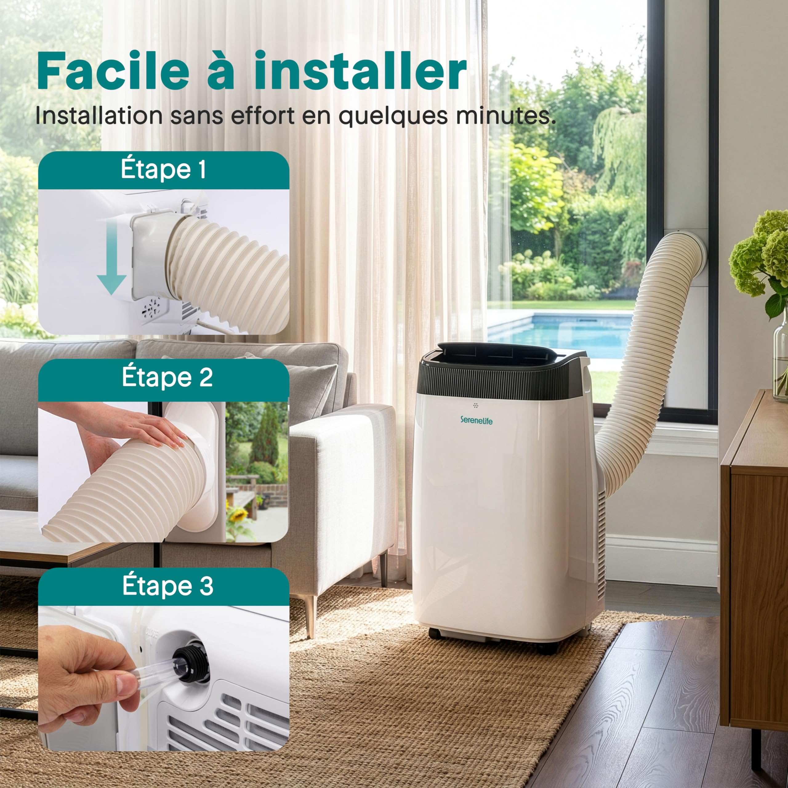 SereneLife Climatiseur Mobile Silencieux,7K BTU, Climatiseur Portable 3-en-1 avec Fonction Déshumidificateur Intégrée, Mode Ventilateur, Télécommande, Kit d'Évacuation Complet pour Fenêtre,Blanc