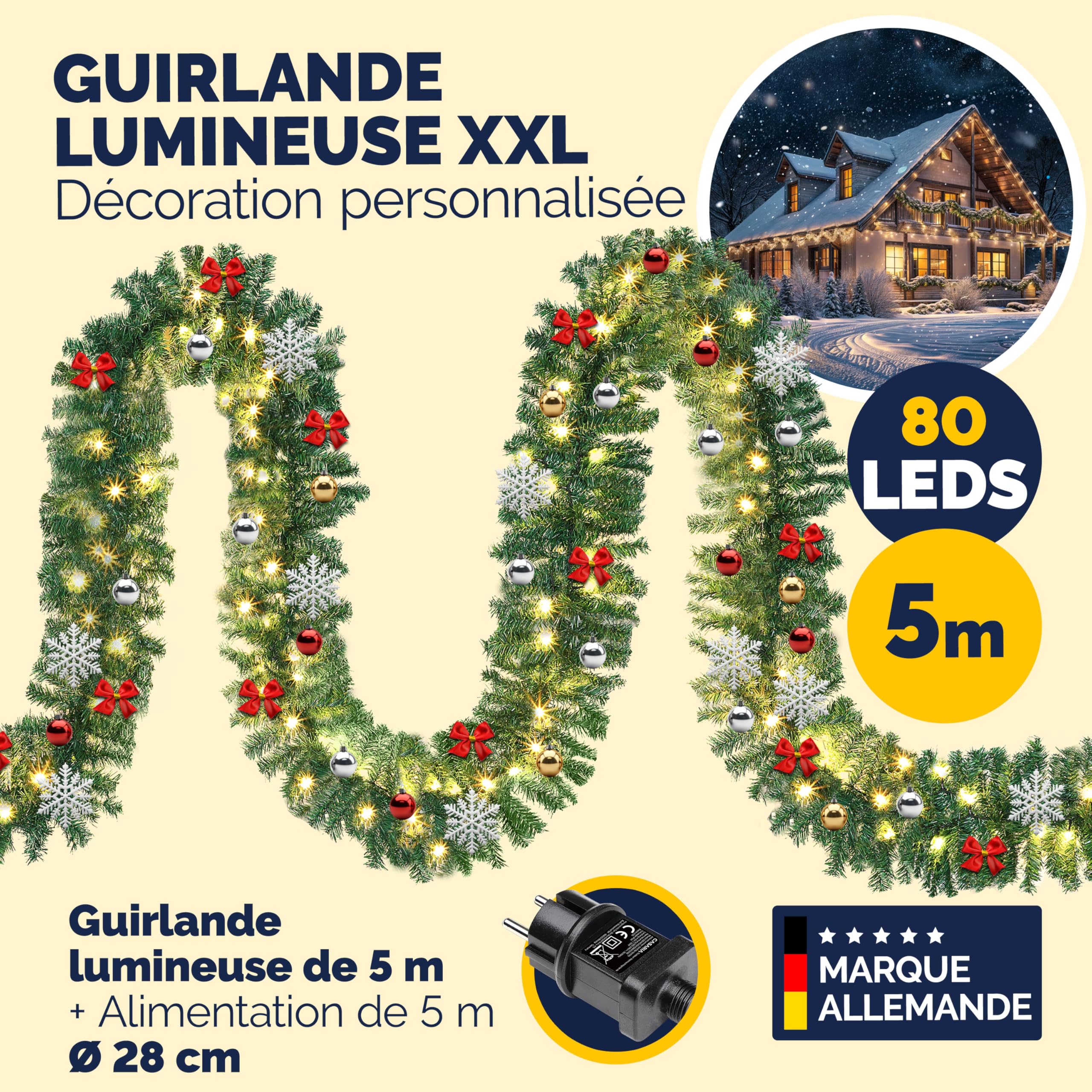 CASARIA® Guirlande de Noël Lumineuse avec déco 5m 80 LED Sapin Artificiel Télécommande Incluse Décoration de noël | lumière blanc chaud, télécommande, décoration noël, vert, sapin artificiel, résistant intempéries, décoration lumineuse, toit