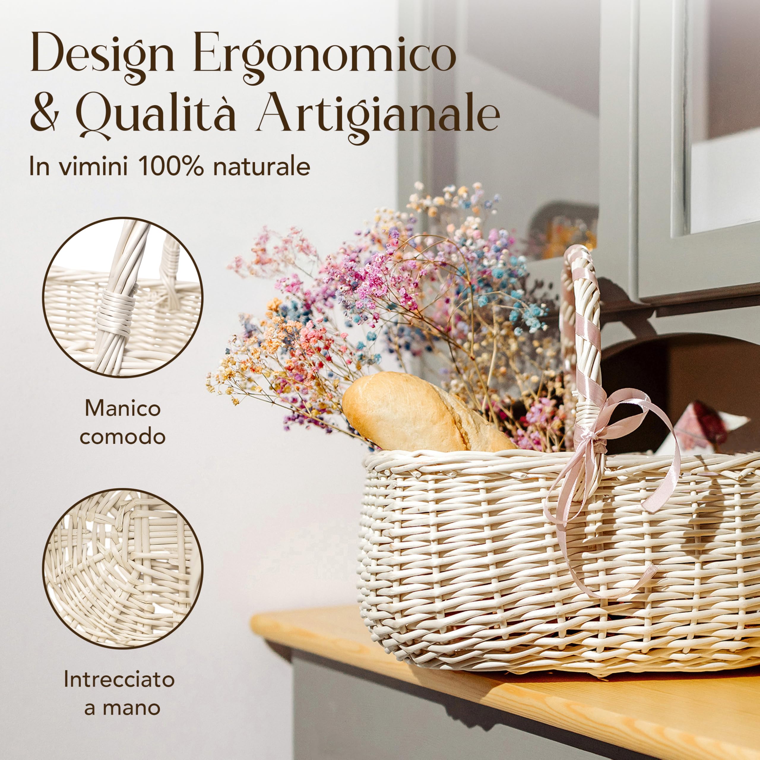 Creative Home Cestino in Vimini con Manico, Bianco | Cesto per Funghi e Picnic Decorativo | 36 x 27 x 32 cm (+/- 2 cm) | Tessuto Fatto a Mano e Durevole | Salice Naturale, Marrone Spesso | Multiuso