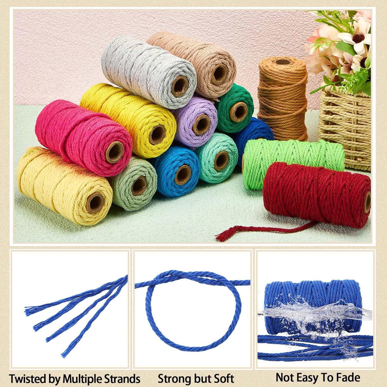 36 Rolls Macrame Cord 3 mm x 1188 Yards Natural Cotton Macrame Rope 4 Strand Twisted Soft Colored Macrame Supplies for DIY Crafts, Wall Hanging, Plant Hangers, Crafts, Knitting(Colorful)