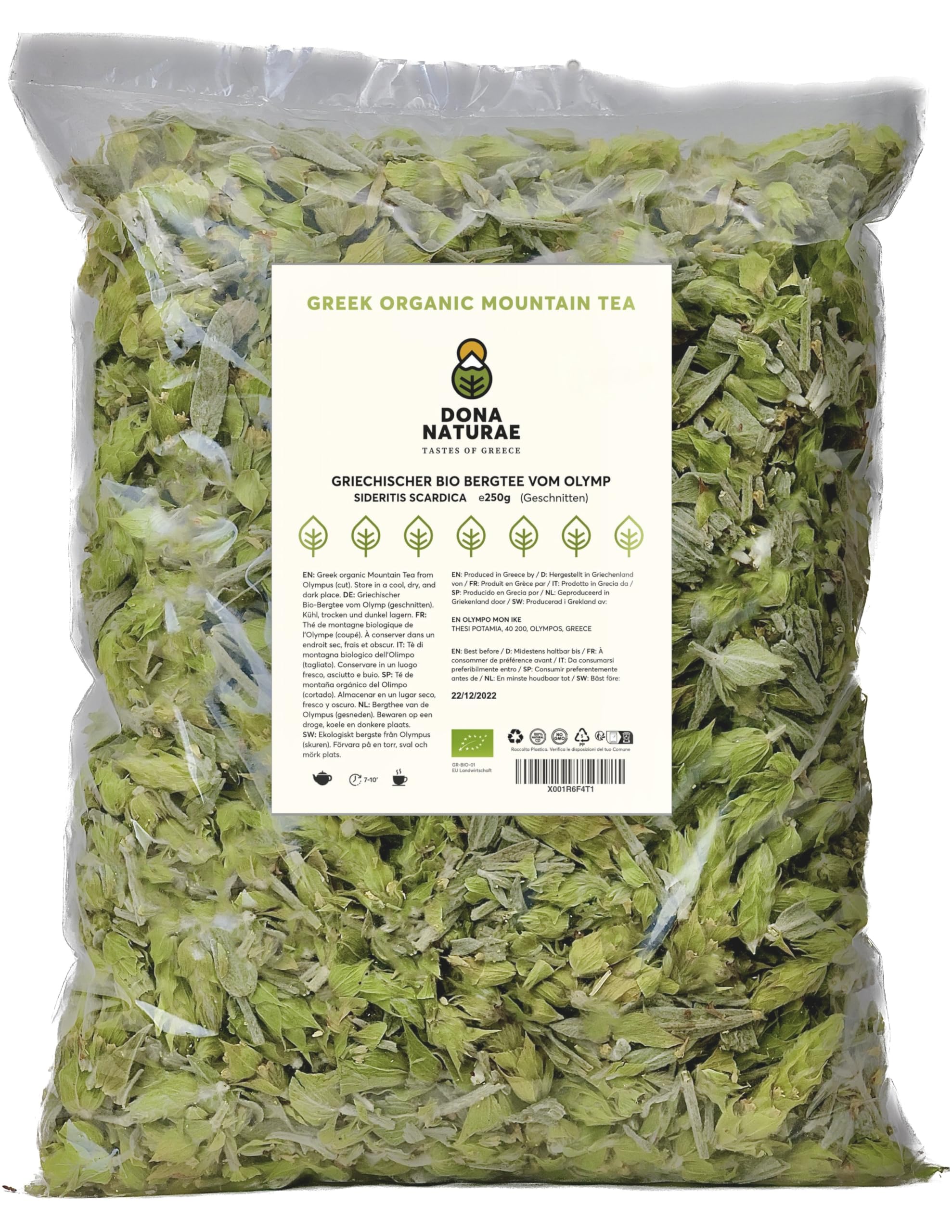 DONA NATURAE | Griechischer BIO BERGTEE vom OLYMP (250g) | 100% Sideritis Scardica | Geschnitten | Kosteneffiziente Verpackung