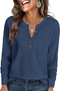 Women's Long Sleeve Waffle Knit Shirts Dressy Casual Loose Button Up V Neck Henley Tops 2025 Fall Basic Tee Blouse