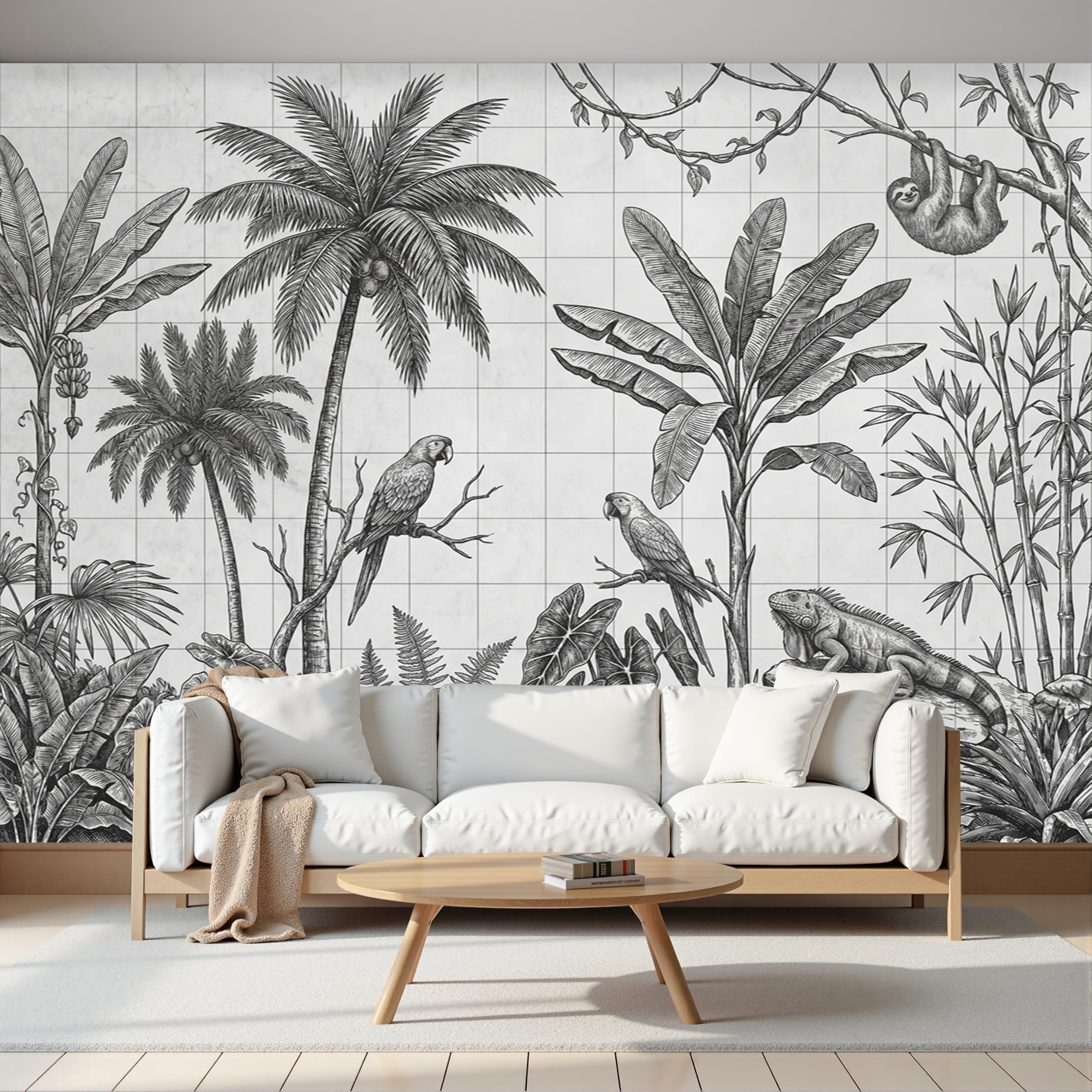 Carta Da Parati Pappagallo Dalle Foglie Di Palma Linee Tropicali Carta Da Parati Fotomurali Poster Murale Soggiorno Camera Letto Minimalista Tv Sfondo, 250X170Cm