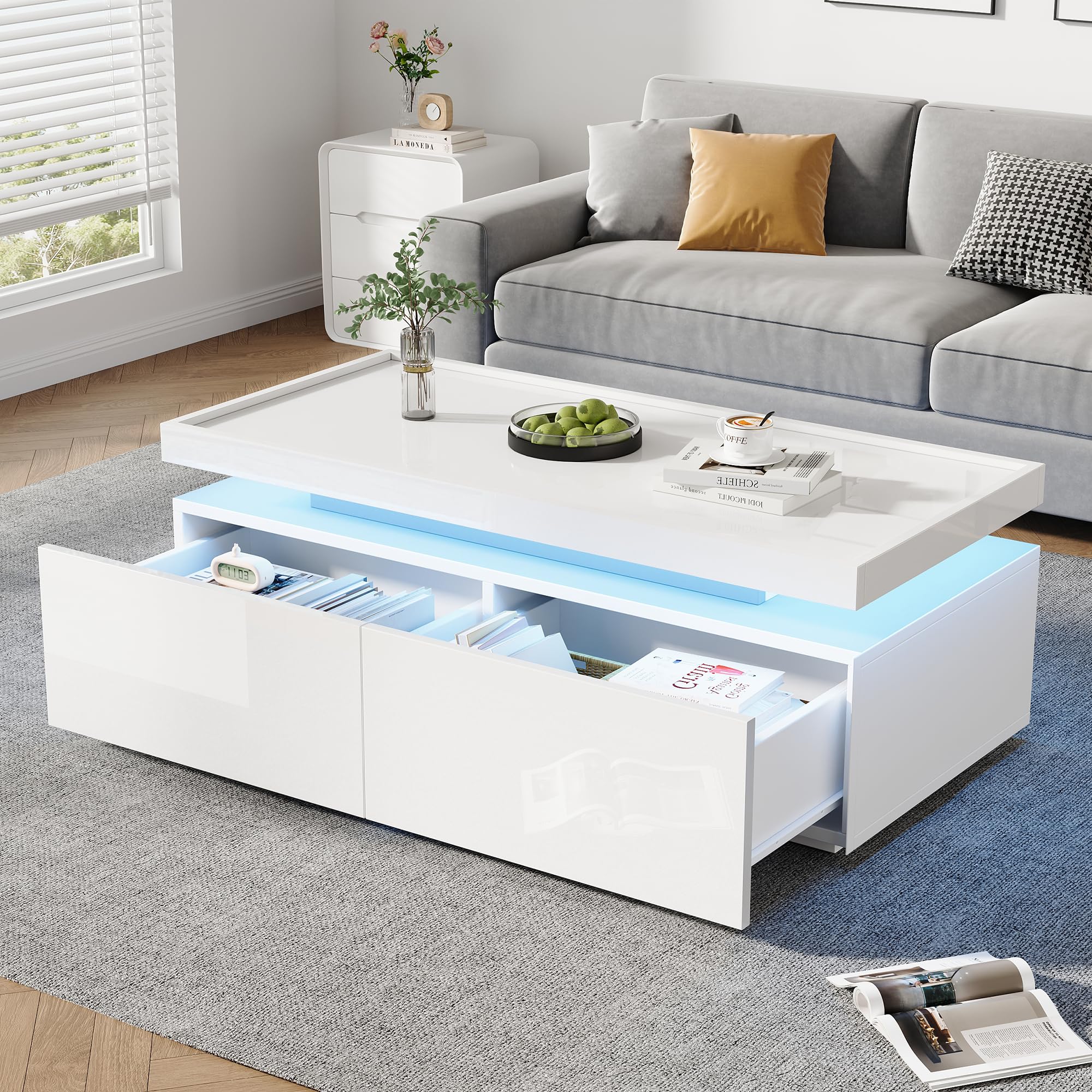Merax High Gloss Coffee Table with LED,Modern White Centre Table with Storage, Sofa Side Tea Table for Living Room & Office, 95 x 45 x 35 cm — image 1