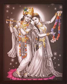 Handicraft Store Radha with Garland Enjoying with Krishna, a Decorative Religious Poster with Frame