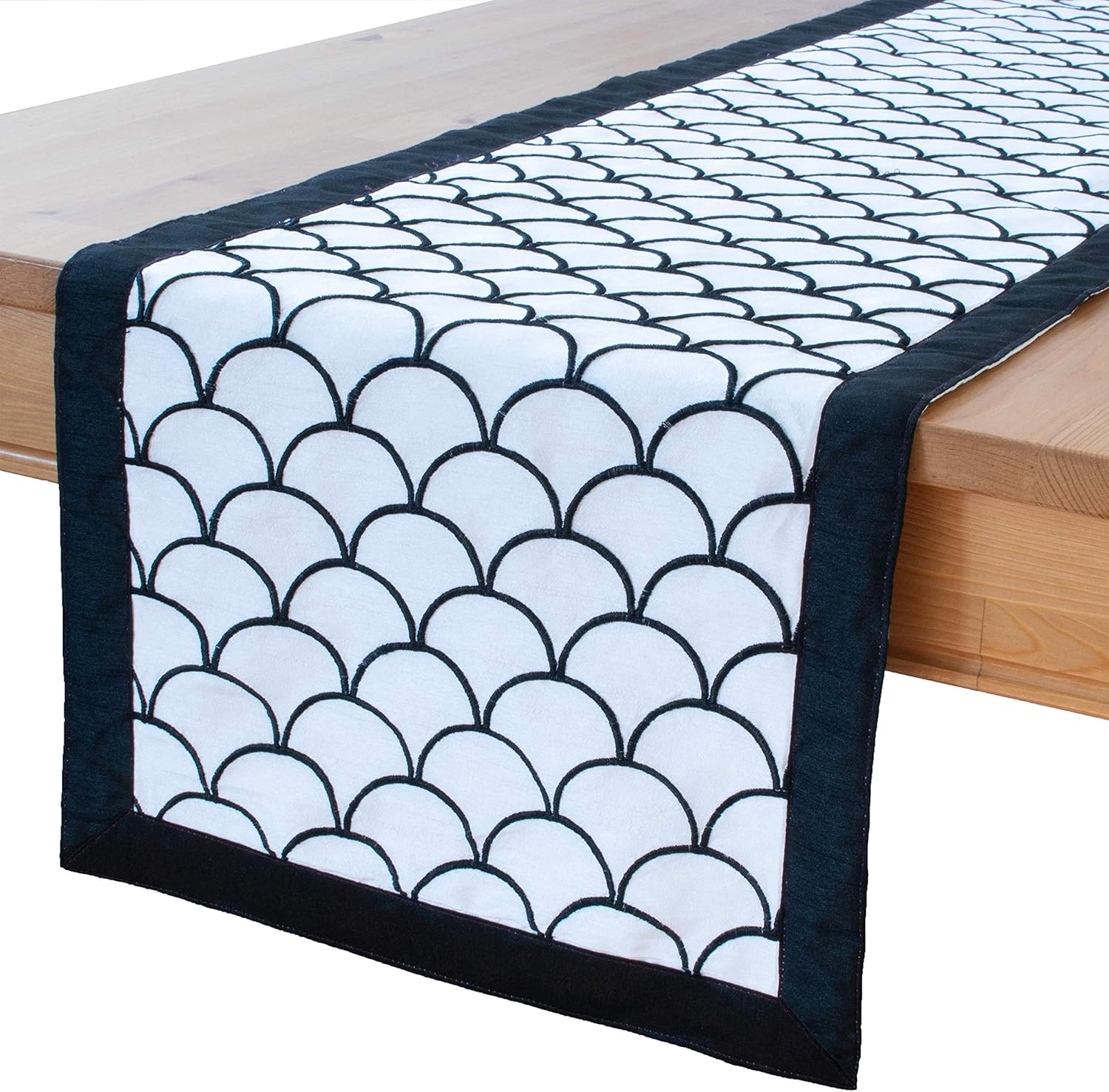 Black White Kitchen Table Runners (Embroidered with Scallops Pattern