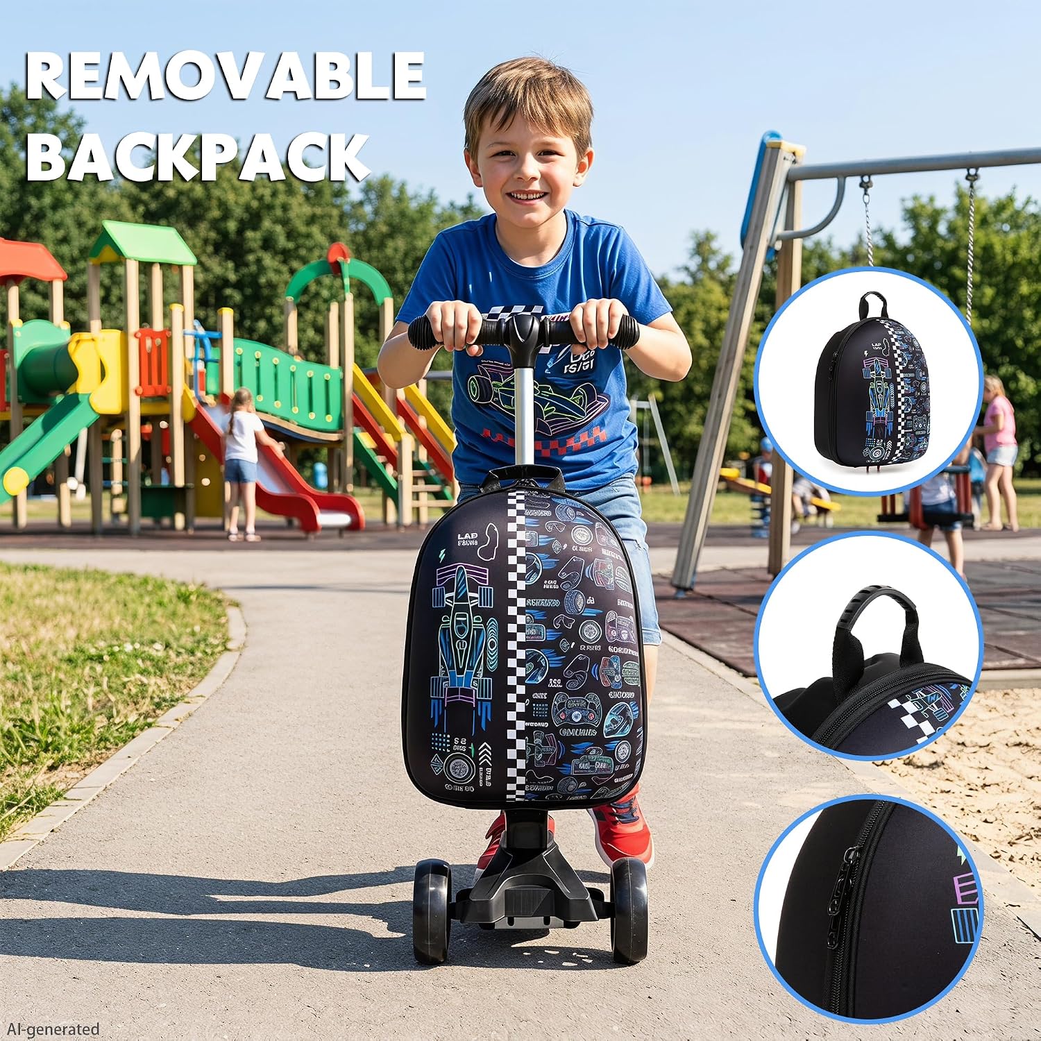 Scooter Suitcase for Kids Ride On Luggage 2 in 1 Set for Boys Foldable & Lightweight Carry Scooter Luggage for Ages 5-12 Dark Blue Go-kart Pattern for School, Travel