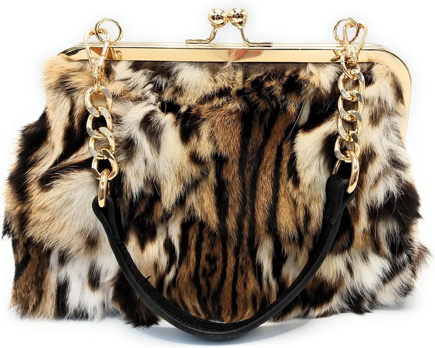 Fosrion Genuine Tanuki Fur Kisslock Handbag – Small Vintage Frame Purse with Adjustable Strap, Natural Undyed Fur