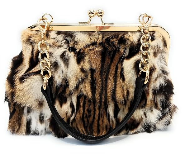 Luxurious Fur Evening Handbag Clutches - Genuine Fox, Rabbit, and Mink Fur with Chic Patterns - Mink Fur Brown Tiger Stripes - Small