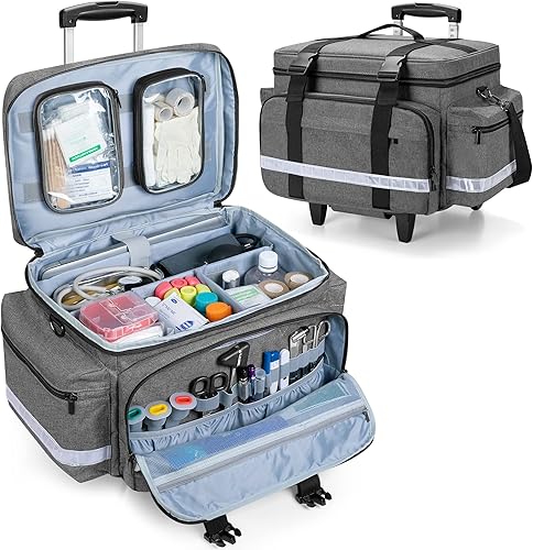 Miniatura 9 de Damero Bolsa médica con ruedas con carrito desmontable, bolsa de equipo médico con bolsas y divisores extraíbles, bolsa de primeros auxilios vacía