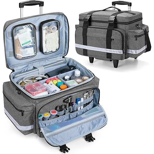Damero Rolling Medical Bag with Detachable Trolley, Medical Equipment Bag with Removable Pouches and Dividers, First Aid Responder Bag Empty for Home Health Nurses, Doctors, EMT, EMS, Gray