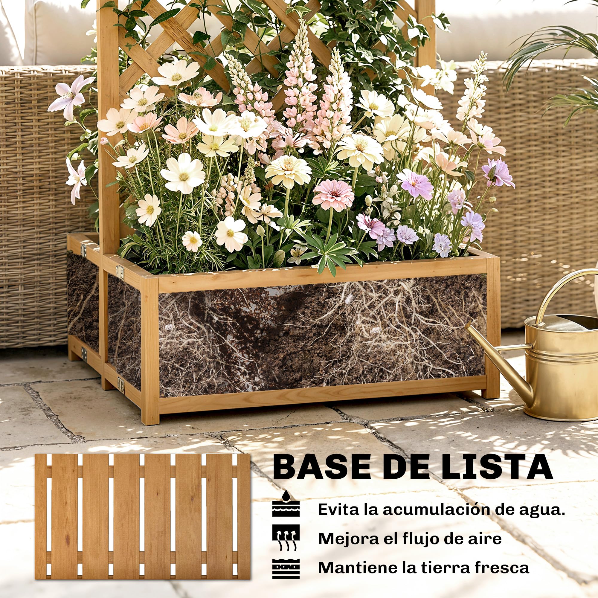 Outsunny Jardinera con Enrejado de Madera, Jardinera Exterior Grande para Plantas Trepadoras, con 2 Cajas Plegables, Base de Listones, Macetero Elevado para Patio, Terraza, 73x70x170 cm, Natural