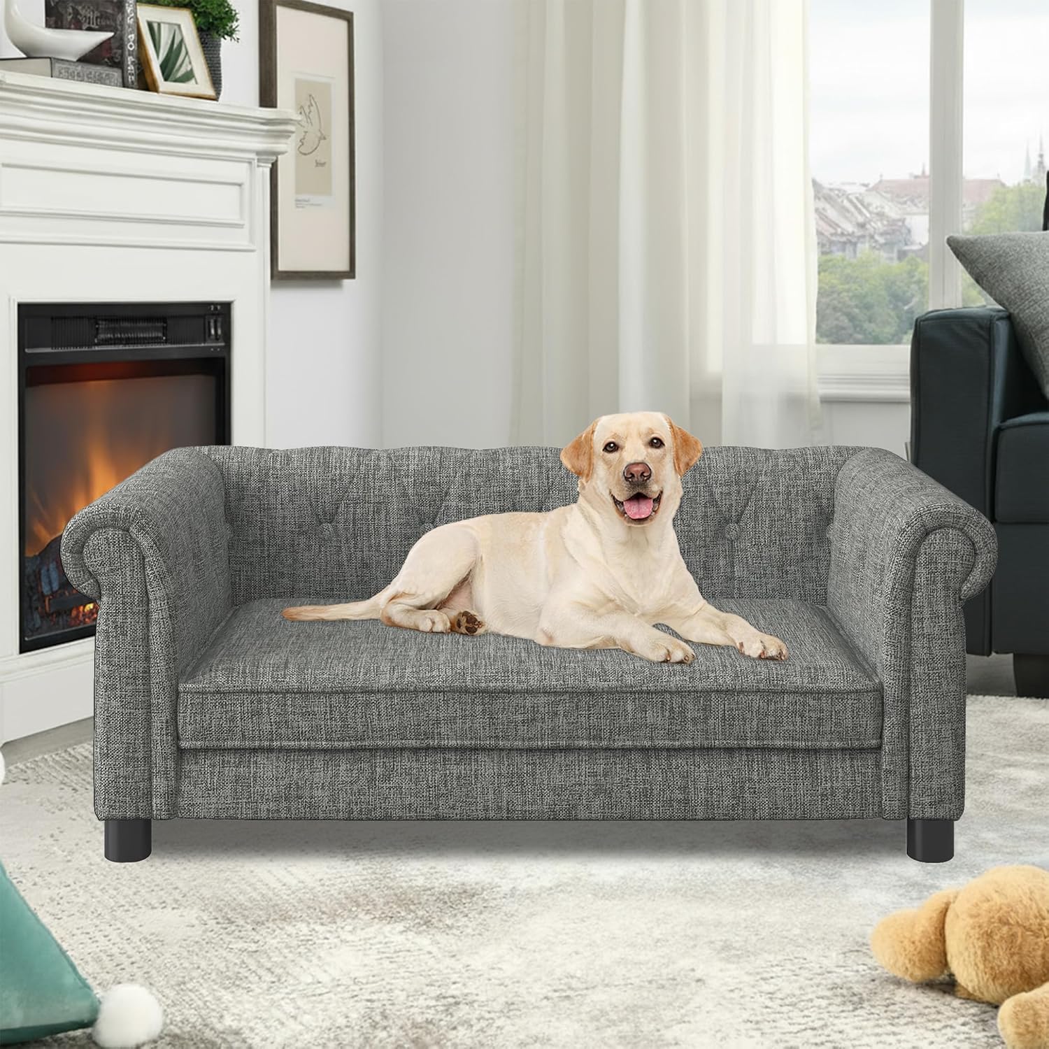 Dog Sofa Couch for Medium Dogs, Memory Foam Dog Bed with Washable Fabric, Durable Elevated Pet Sofa Couch with Legs, Removable Cushion for Medium Dogs, Light Grey