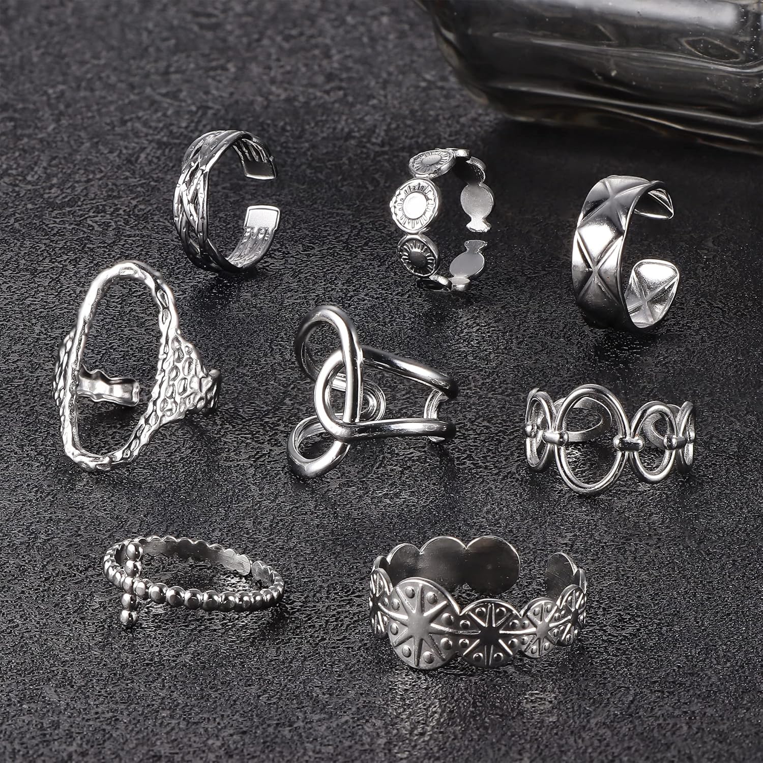 LOLIAS 16Pcs Stackable Stainless Steel Rings for Women Chunky Silver Rings Non Tarnish Ring Open Adjustable Thumb Finger Statement Ring Set - Image 9