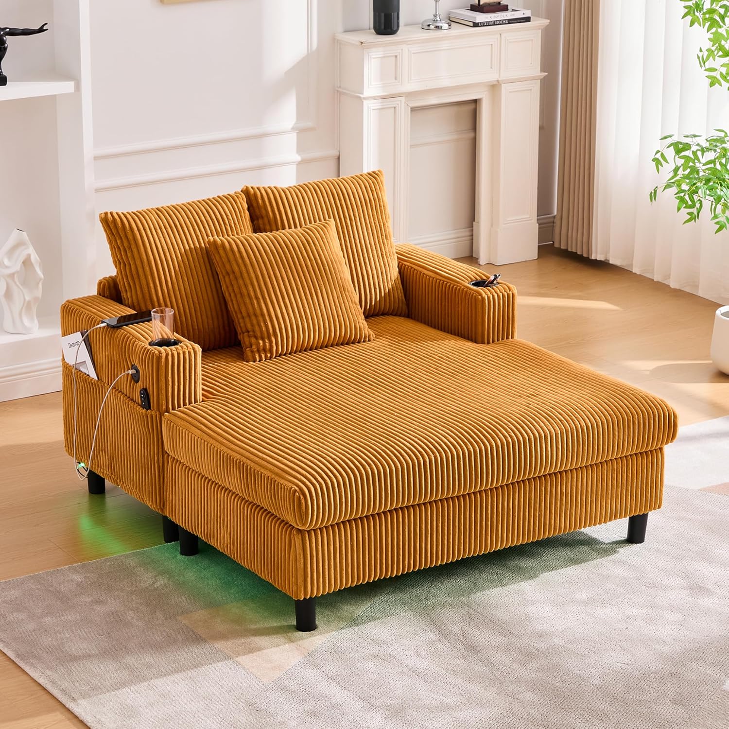 55.9" Modern Corduroy Chaise Lounge with 3 Pillows,Oversized Recliner Sofa with USB Charging,Minimalist Style Couch Bed with Cup Holder & Side Pocket for Living Room,Bedroom,Mustard Yellow