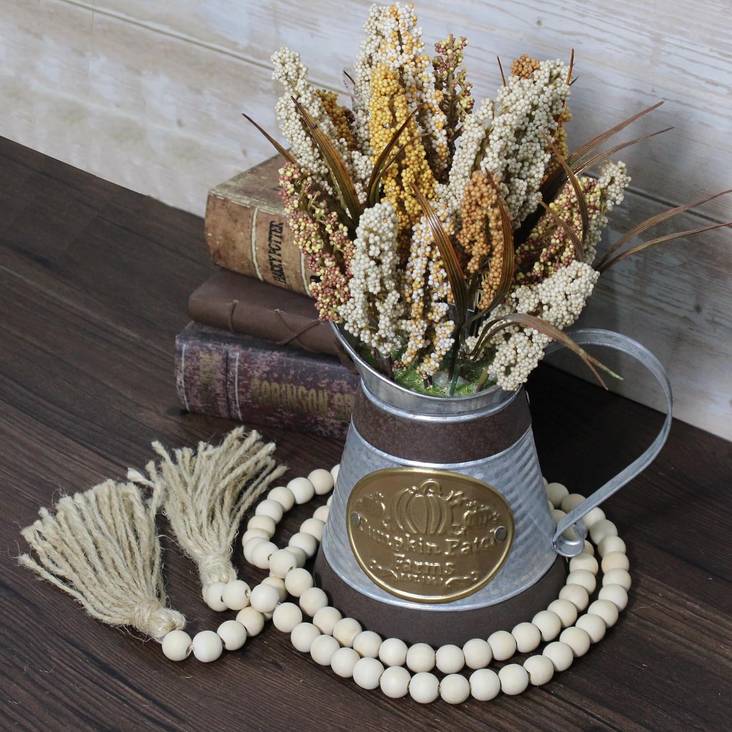 Farmhouse Decor Beads 60in Wooden Bead Garland with Tassels Rustic Minimalist Home Accent Prayer Country Boho Decoration for Wall Hanging Living Room Table Mantle Shelf Decor, Natural