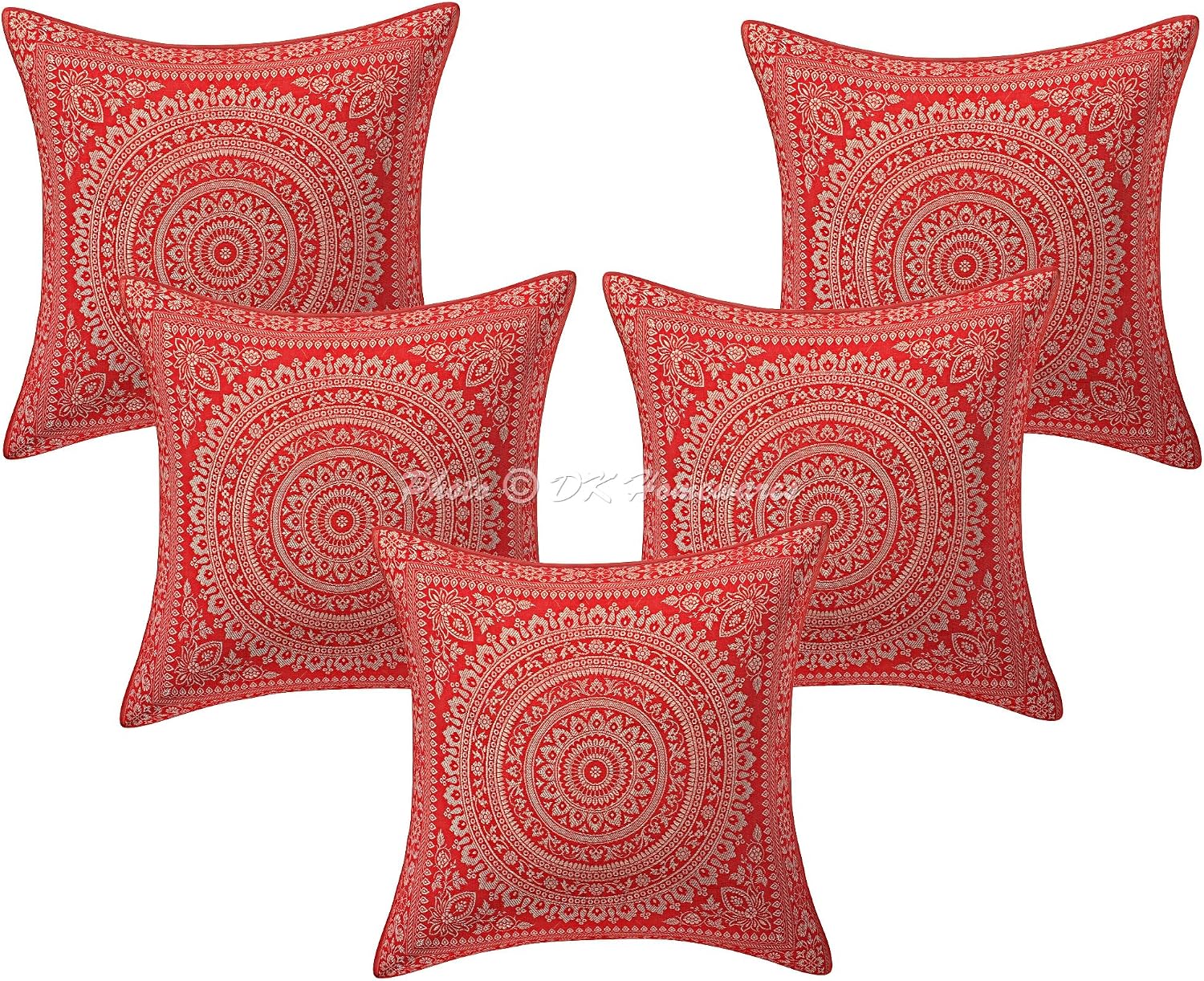 Ethnic Throw Pillowcases 16x16 Inch Brocade Jacquard Weave Decorative Square Mandala Cushion Covers (Size - 40x40 cm ; Color: Red & Gold) - Set of 5 Pcs (Cover Only)