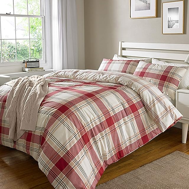 Sleepdown Check Red Striped Reversible Soft Duvet Cover Quilt Bedding Set With Pillowcases - Double (200cm x 200cm)