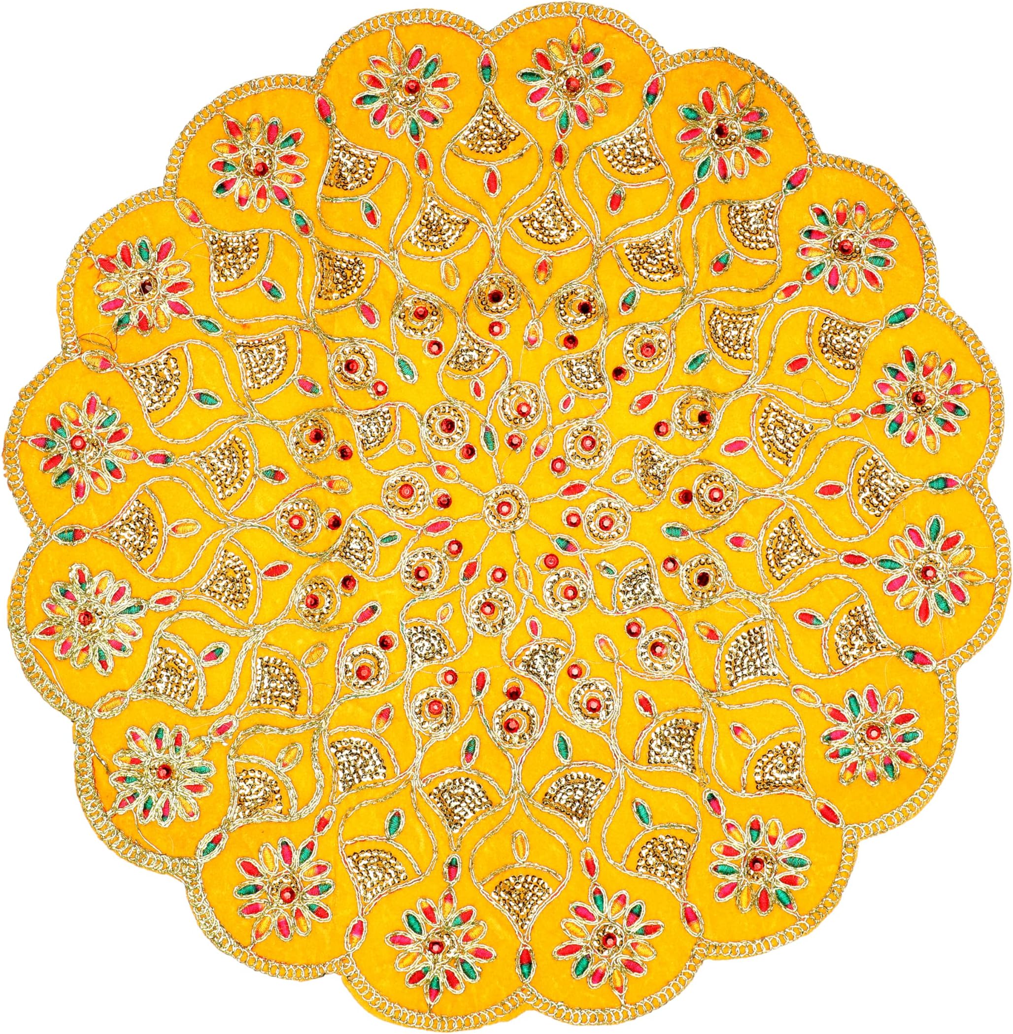 Decorative Mat Aasan Round Velvet Pooja Cloth with Sequence Work for Indian Traditional Cultural Multipurpose Navratri Pooja Festival Decorations Item Article Home Decor(Size:- 17 Inches)(Yellow)