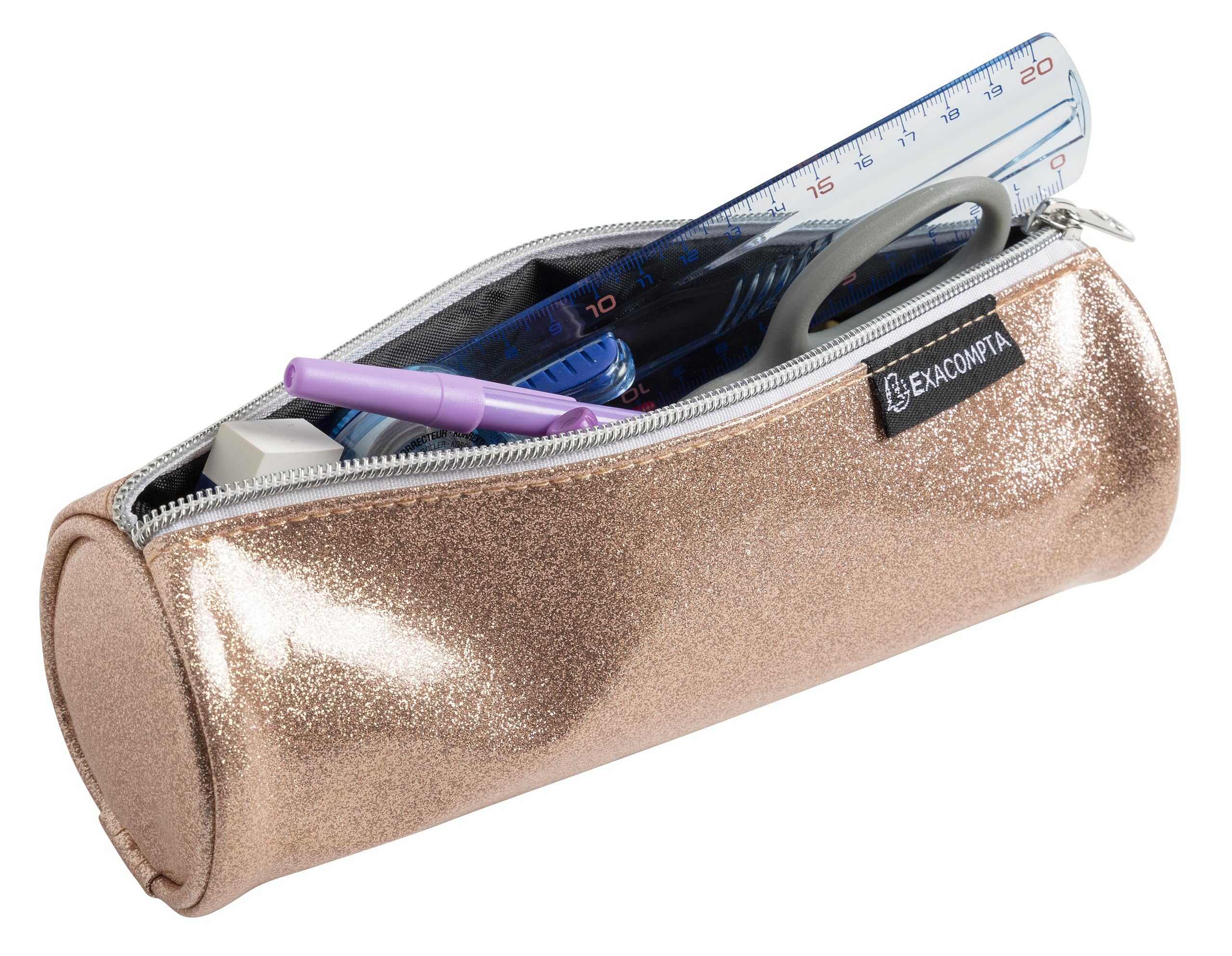 Exacompta - Réf. 52770E - Carton de 16 trousses rondes Glitter en PU simili cuir paillettes - doublée de polyester - dimensions 22,5 x 8 cm - couleurs bleu, gris, noir, nude