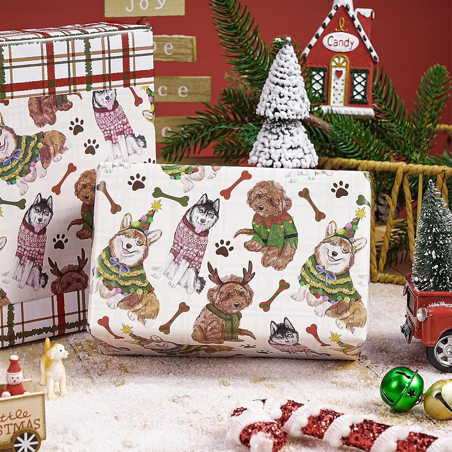 RUSPEPA Reversible Christmas Dog Wrapping Paper Roll, Mini Roll, Festive Dog, Bone & Paw Print Design with Red Green Plaid Gift Wrap for Kids, Pet Lovers, Xmas Holiday Party, 17 Inches x 16.4 Feet image 5