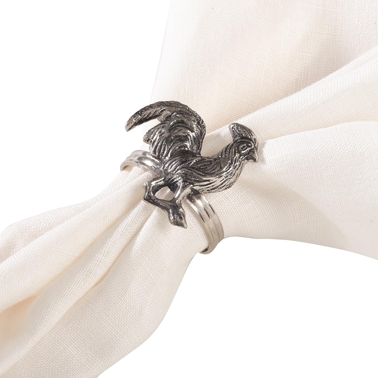 SARO LIFESTYLE NR252.SS Rooster Design Farmhouse Style Napkin Ring-Set of 4, Silver, 2.5" x 3.5"