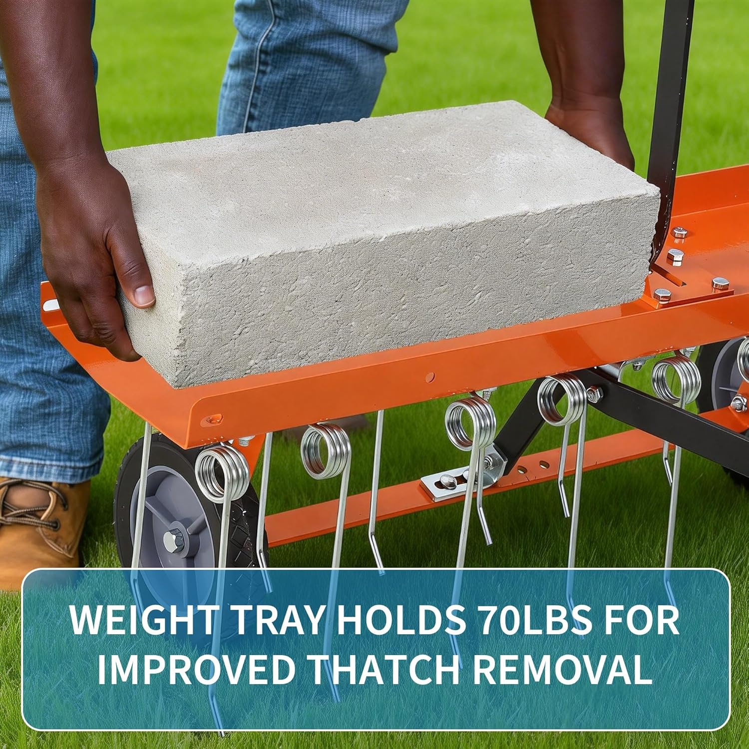 40-Inch Tow-Behind Lawn Dethatcher - Heavy Duty Thatch Rake with 20 Spring Steel Tines - 70lbs Capacity Weight Tray & Lift Handle - Pull-Behind Turf Aerator for ATV, UTV & Mowers