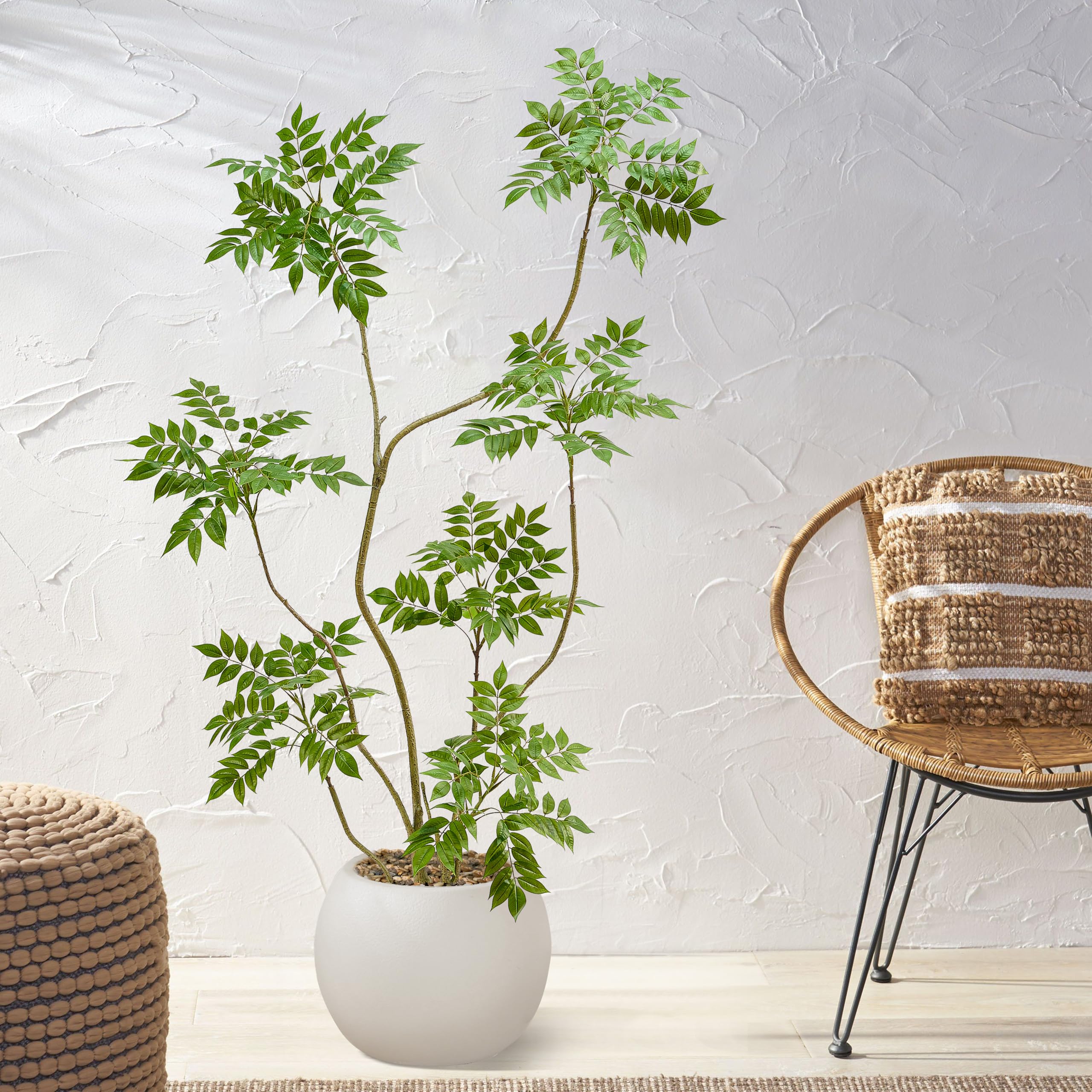 Künstlicher Mahonia Fortunei Baum 180 cm, Kunstpflanzen Groß mit Weiß Topf | Kunstpflanze Sumachbaum Plastik Pflanze Kunstbaum für Zimmer Wohnzimmer Schlafzimmer Büro Terrasse Balkon Garten Deko