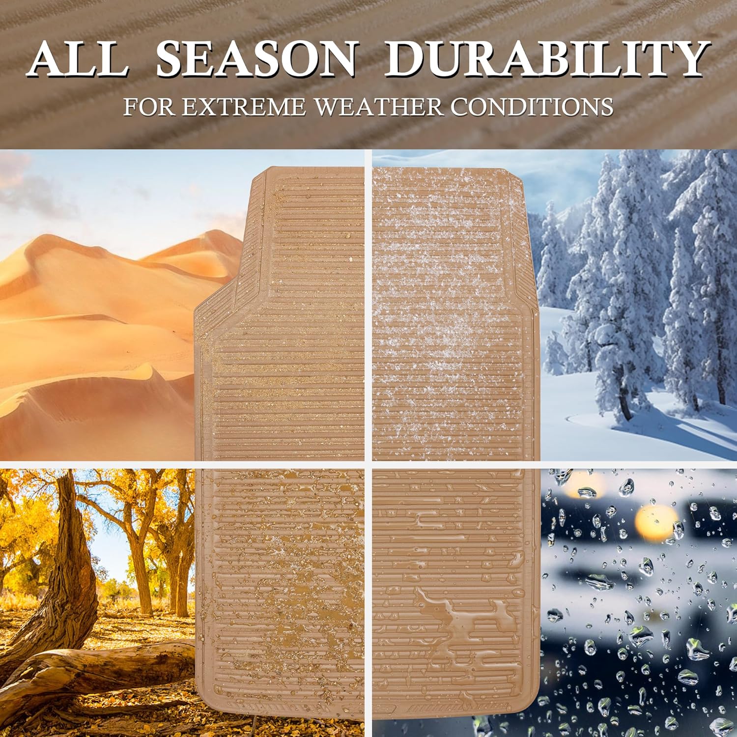 CAR PASS Rubber Floor Mats - All Weather, Full Set 4-Piece, Waterproof Automotive Mats Trim to Fit Most Cars, Sedans, SUVs, Vans - Heavy Duty Anti-Slip Easy Clean, All Beige - Image 3