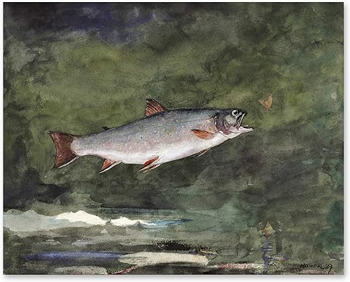 CLOUD NINE PRINTS  Arte de trucha arco iris saltando, impresión vintage de Winslow Homer - Arte de pared de pesca con mosca, decoración rústica de