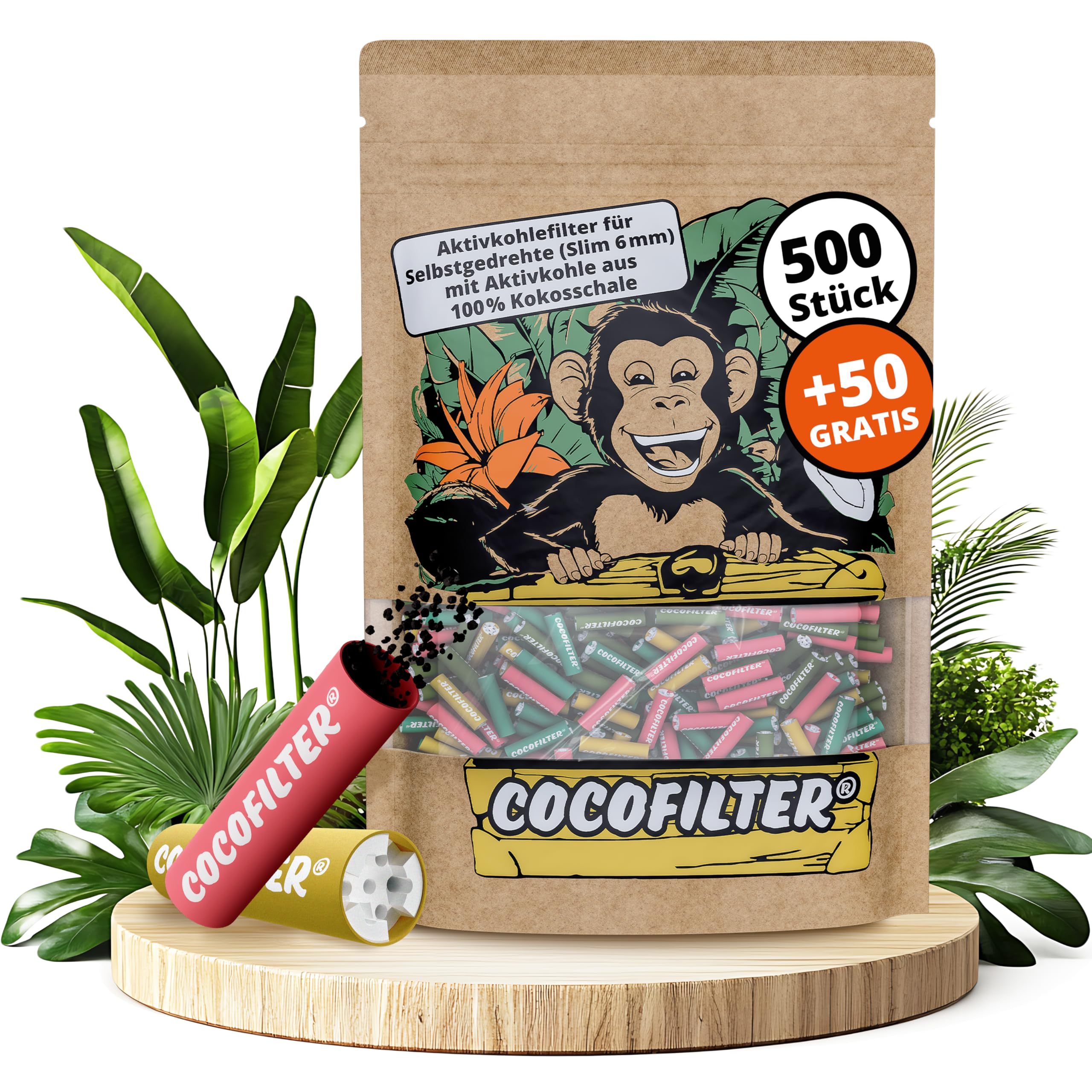 Filtres au charbon actif 6mm en coque de coco [500 + 50 pcs.] | 550 Filtres slim naturels avec embouts en céramique pour cigarettes roulées, 27mm chacun, dans un sachet refermable