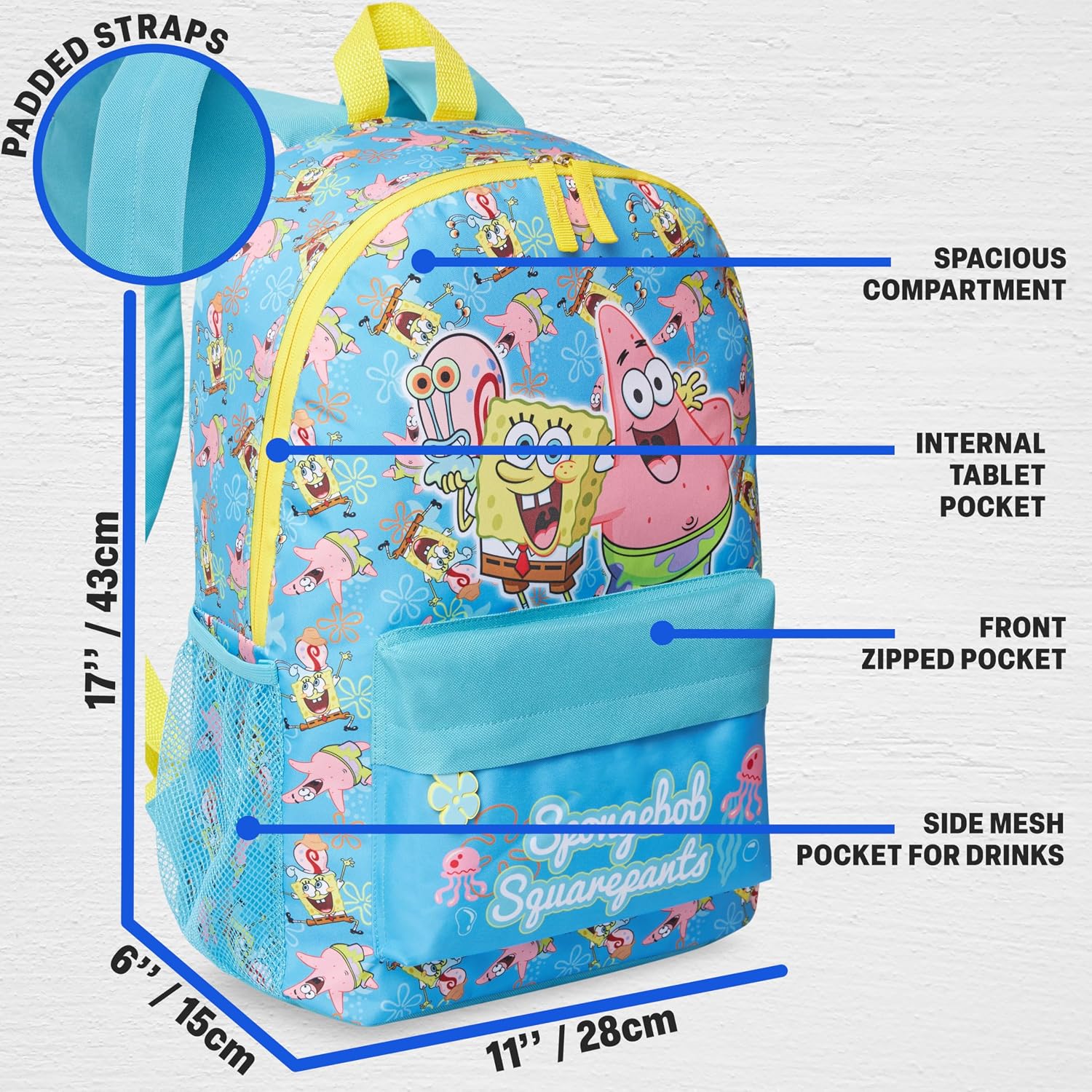 Get Trend SpongeBob SquarePants Boys Backpack and Water Bottle, 2 Pc Set | 17 inch Bookbag, Adjustable Padded Straps, 16.9 fl oz BPA-Free Water Bottle with Straw for School, Travel, Gifts for Boys