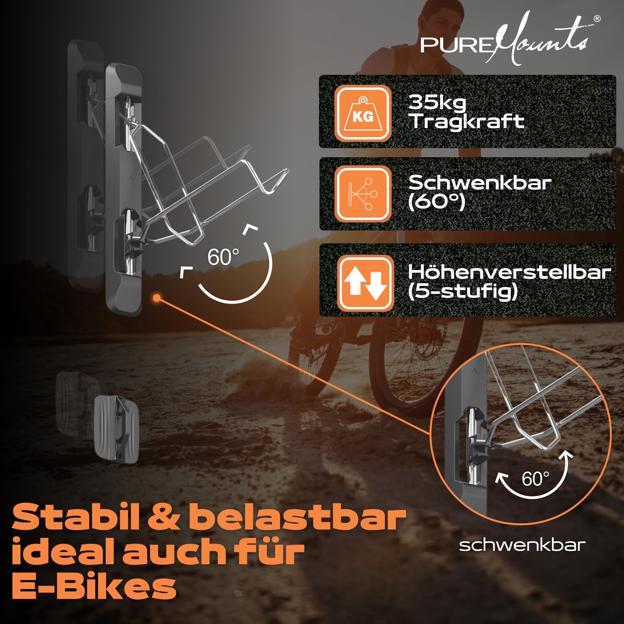 PureMounts Fahrrad Wandhalterung, Fahrradhalterung, Fahrradhalter, höhenverstellbar, schwenkbar für E-Bike, MTB bis 35 kg, Fahrrad Aufhängung Wand Garage Keller, Fahrradwandhalterung, Schwarz