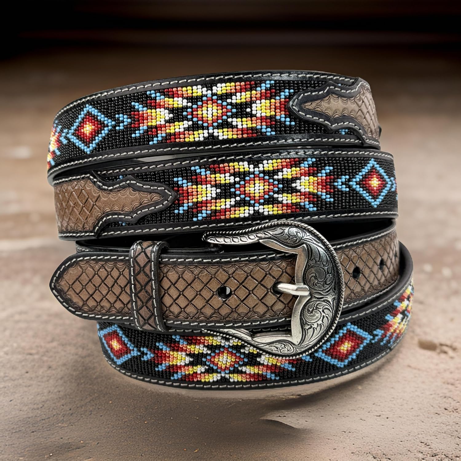 Western Belt for Men Women Full Grain Beaded Leather Cowboy Belt 1.5” Wide With Buckle Handmade Engraved Tooled