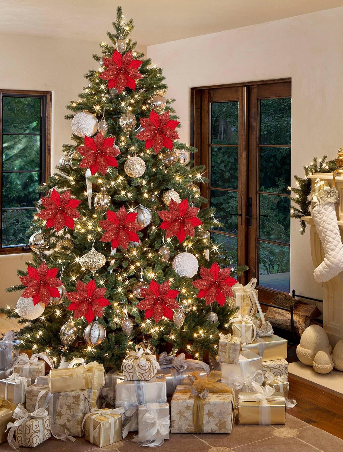 Briful 9'' Poinsettias Artificial Christmas Flowers 8PCS Silk Christmas Floral Picks and Sprays Large Red Poinsettias Flowers with Clips for Xmas Tree Vase Arrangement Wreath Decor