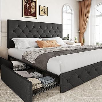 Allewie Upholstered King Size Platform Bed Frame with 4 Storage Drawers and Headboard, Diamond Stitched Button Tufted, Mattress Foundation with Wooden Slats Support, No Box Spring Needed, Dark Grey