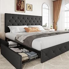 Allewie Upholstered King Size Platform Bed Frame with 4 Storage Drawers and Headboard Diamond Stitched Button Tufted Mattress