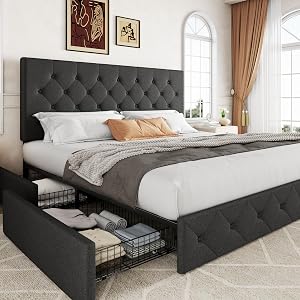 Allewie Upholstered King Size Platform Bed Frame with 4 Storage Drawers and Headboard Diamond Stitched Button Tufted Mattress