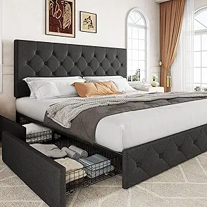 Allewie Upholstered King Size Platform Bed Frame with 4 Storage Drawers and Headboard, Diamond Stitched Button Tufted, Mattress Foundation with Wooden Slats Support, No Box Spring Needed, Dark Grey