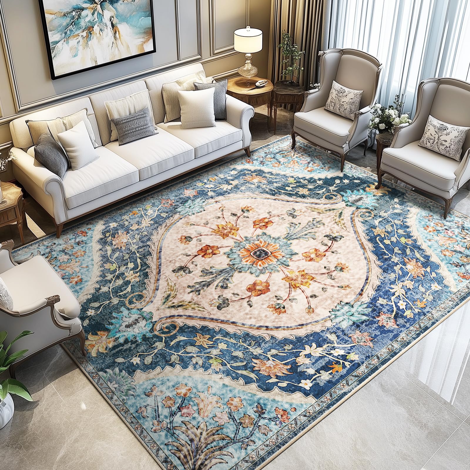 8x10 Area Rugs for Living Room Machine Washable Vintage Boho Rugs Bedroom Carpet Non Slip Low Pile Water Repellent Soft Print Pattern Indoor Decor Area Rug Polyester Beige/Blue