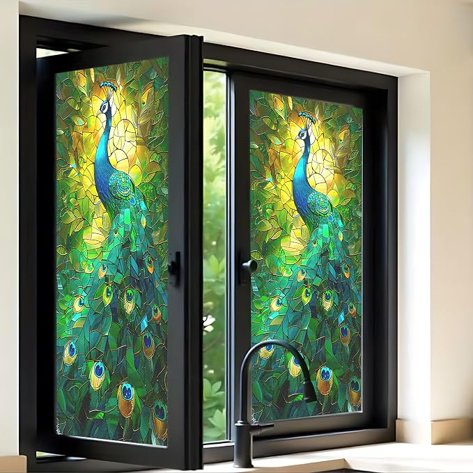 Película de vinilo estática para ventana diseño pavo real 17.5 x 39.4 pulg miniatura 3